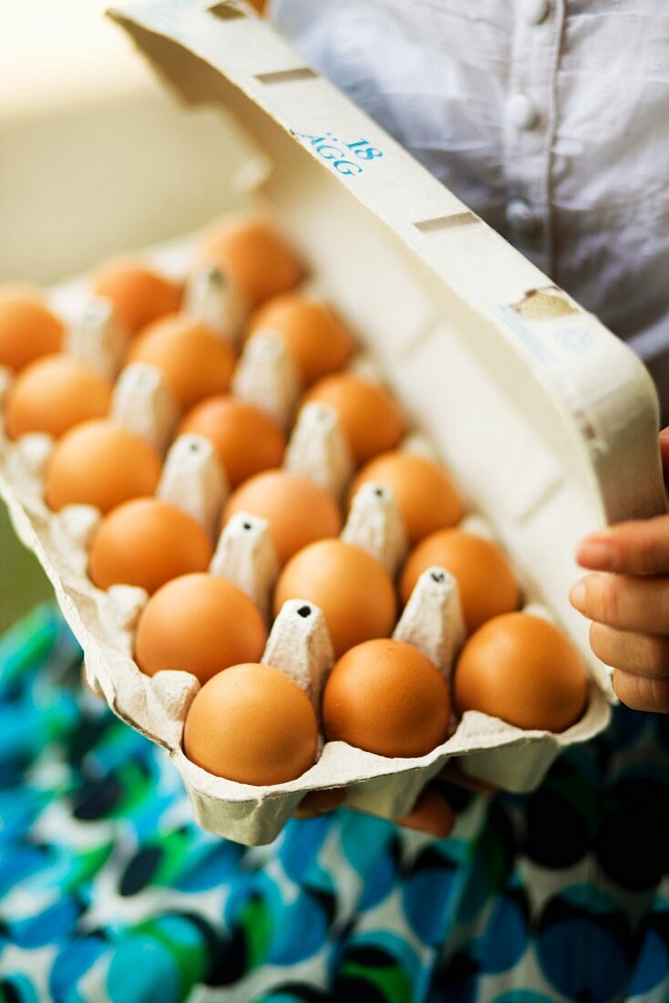 Person hält Eier in einem Eierkarton