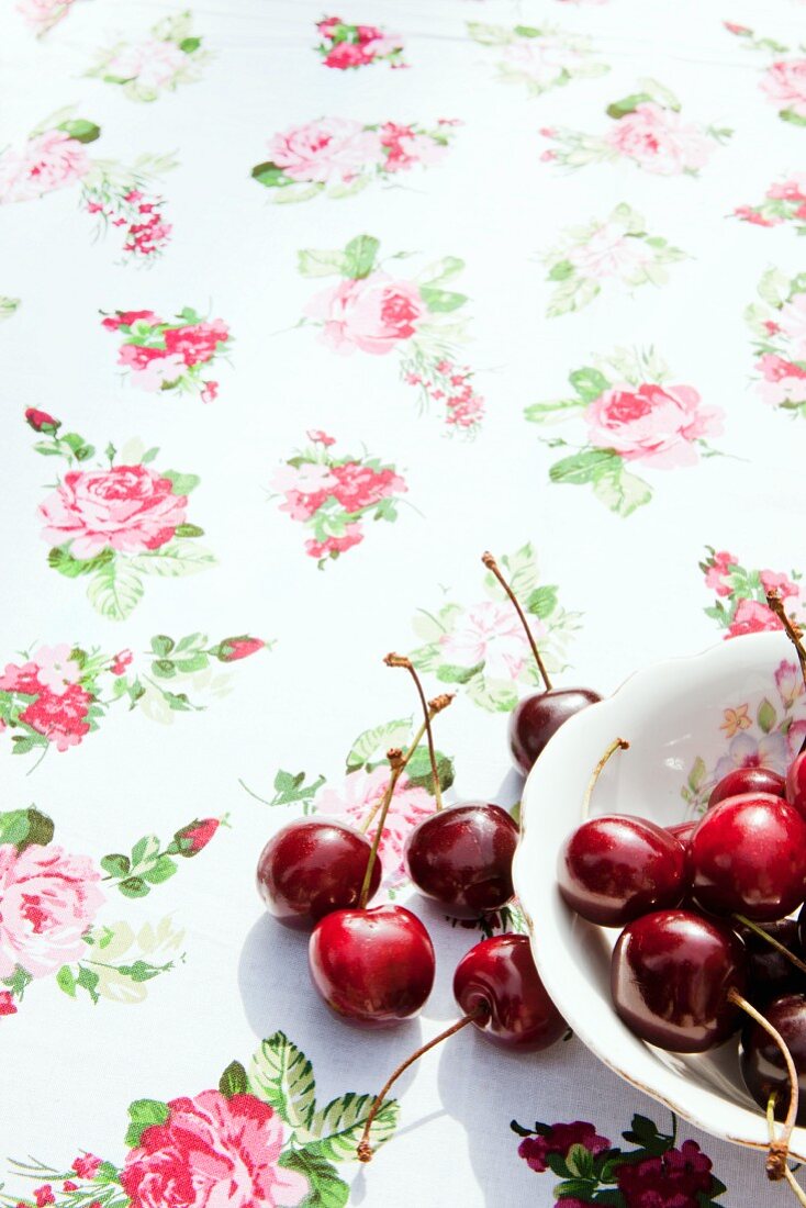 Red cherries in an old bowl on a rose-patterned cloth