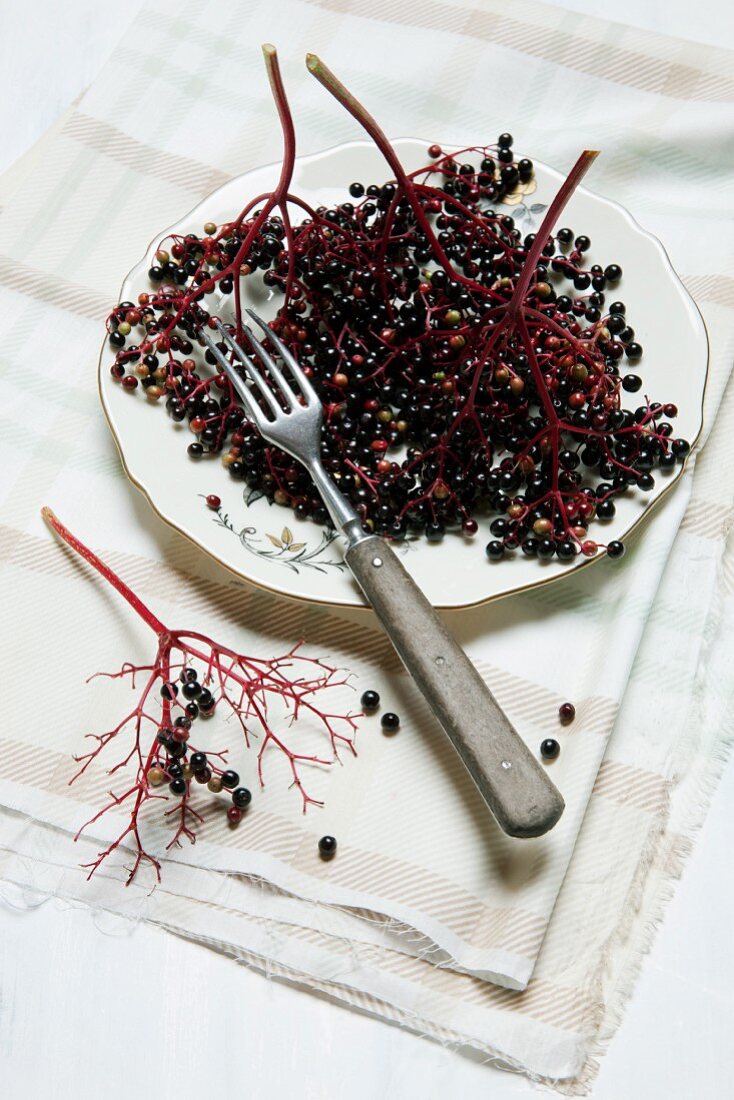 Lots of elderberries, in bunches and individually, on an old plate with a fork