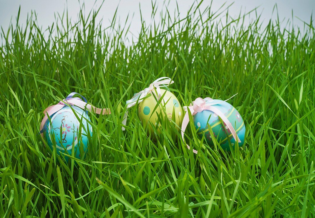 Decorative easter egg hiding in grass
