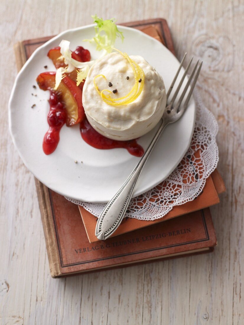 Trout custard with apple and cranberry jam