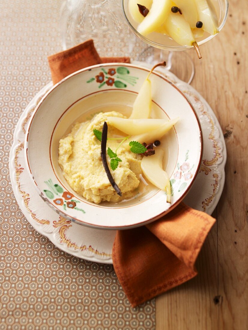 Sweet polenta with stewed pears
