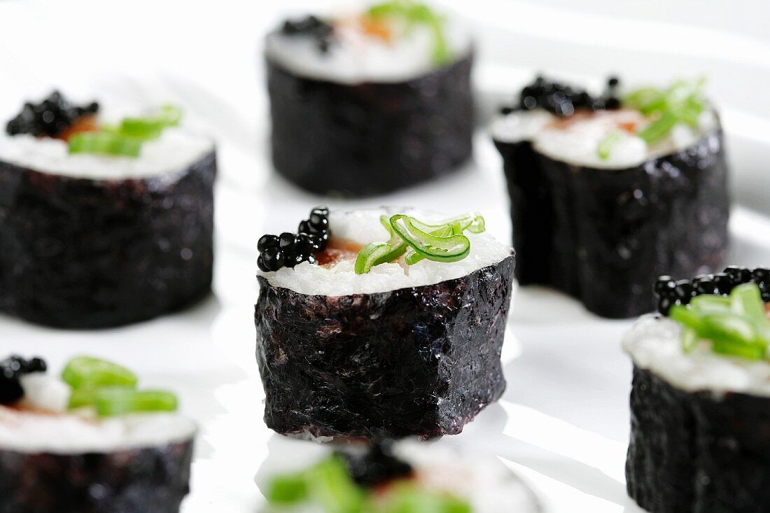 Salmon sushi and caviar roe