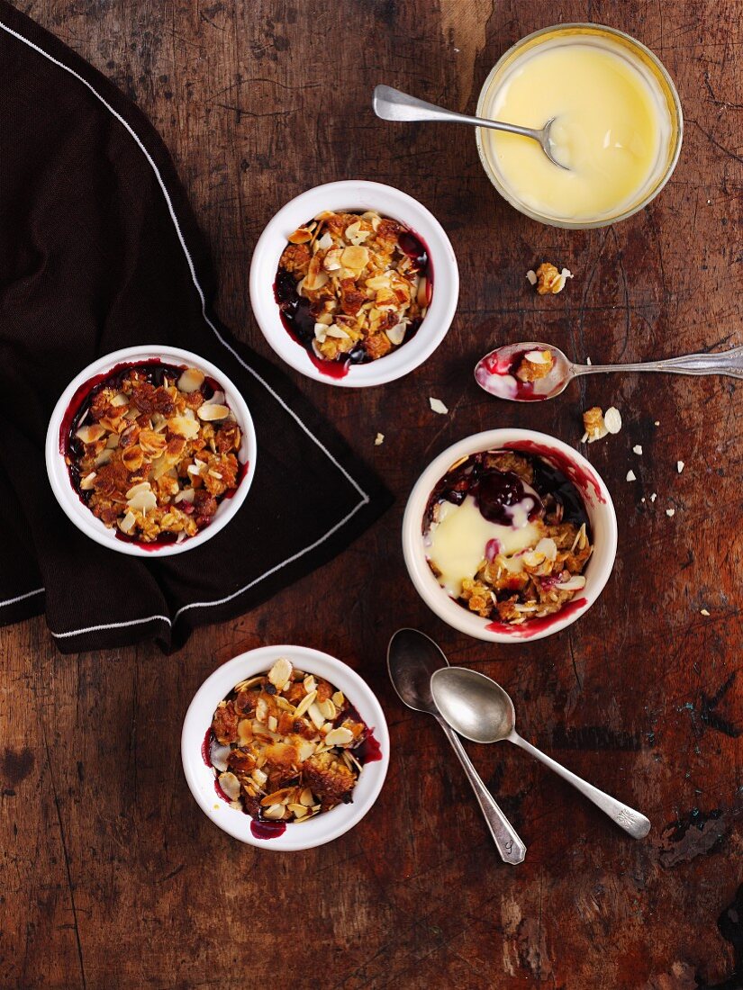 Almond and cherry crumbles with custard