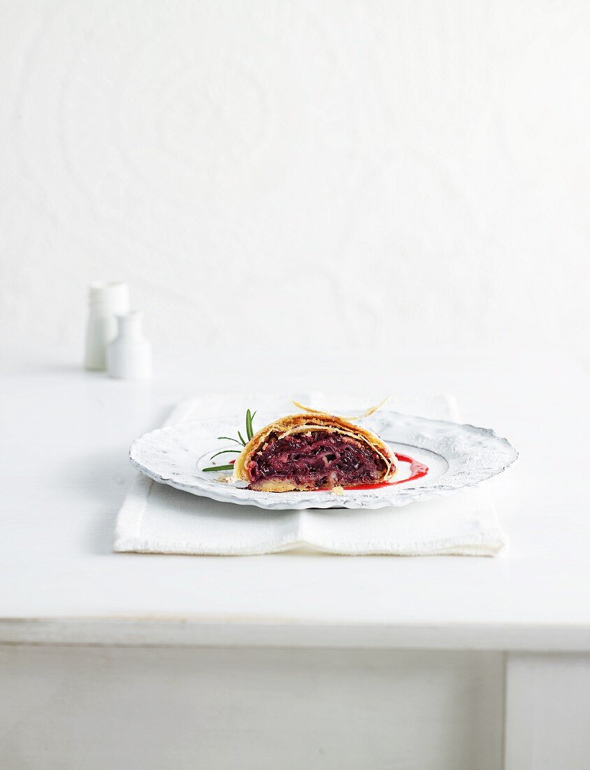 Red cabbage strudel with chocolate ice cream and candied ginger