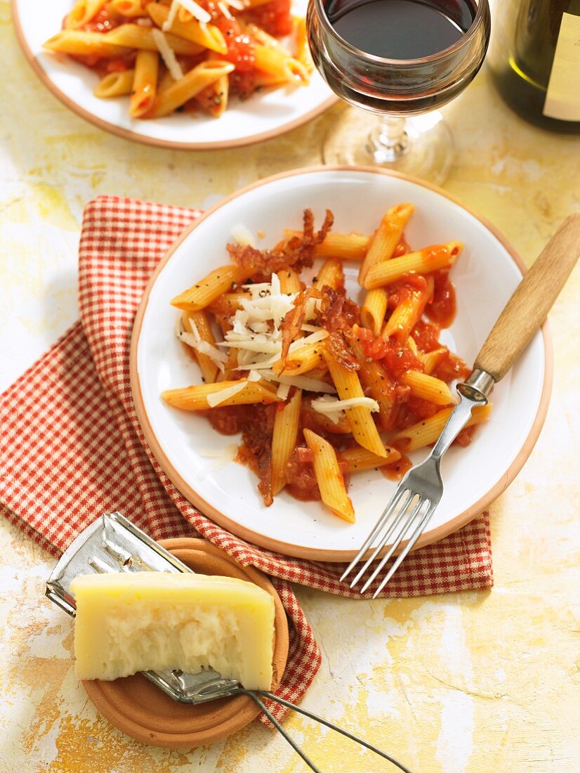 Penne all amatriciana with bacon, tomatoes and parmesan