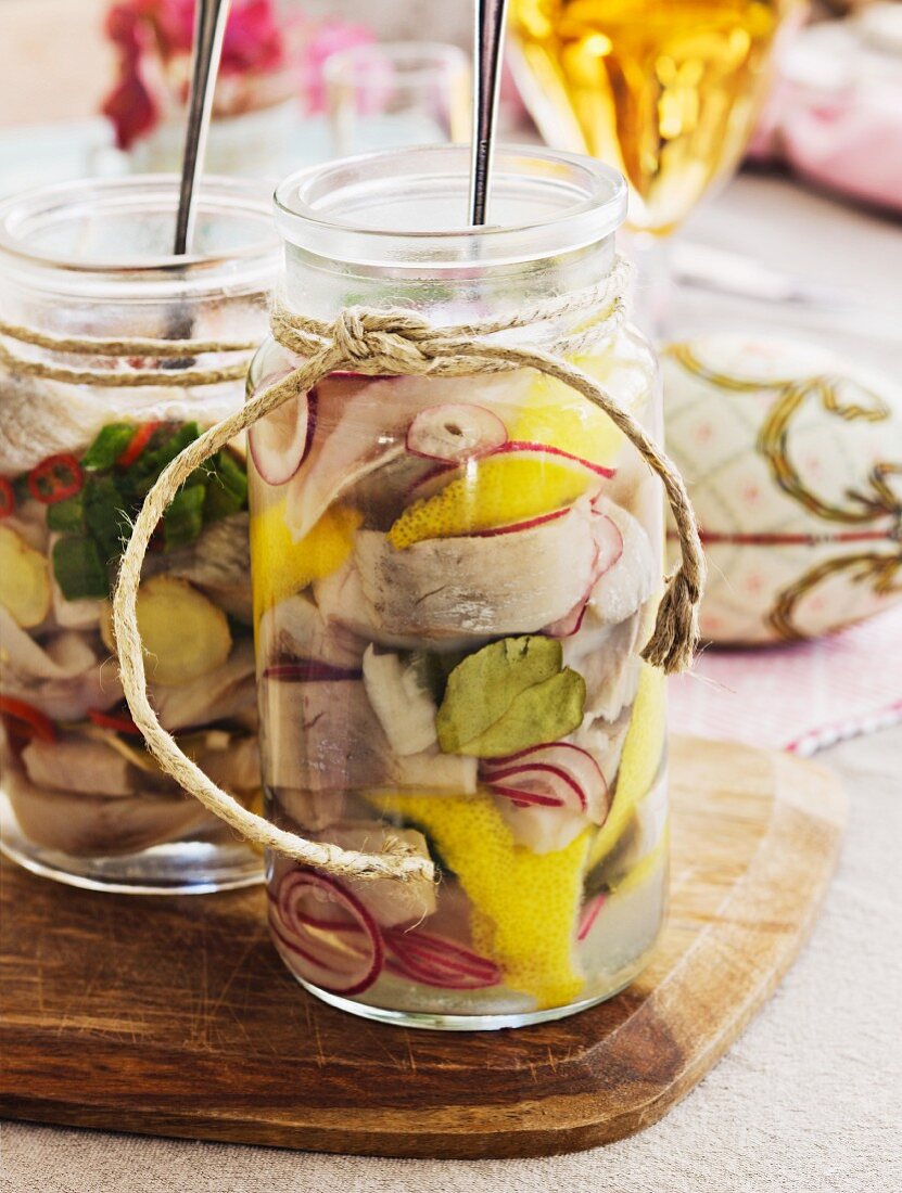 Marinated herring in jar