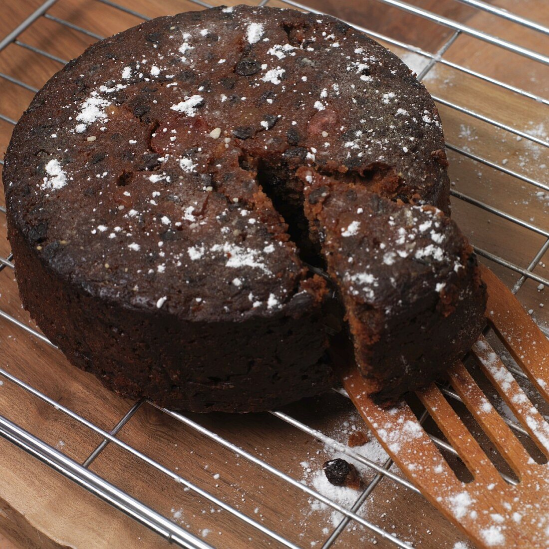 Chocolate cake, one slice cut