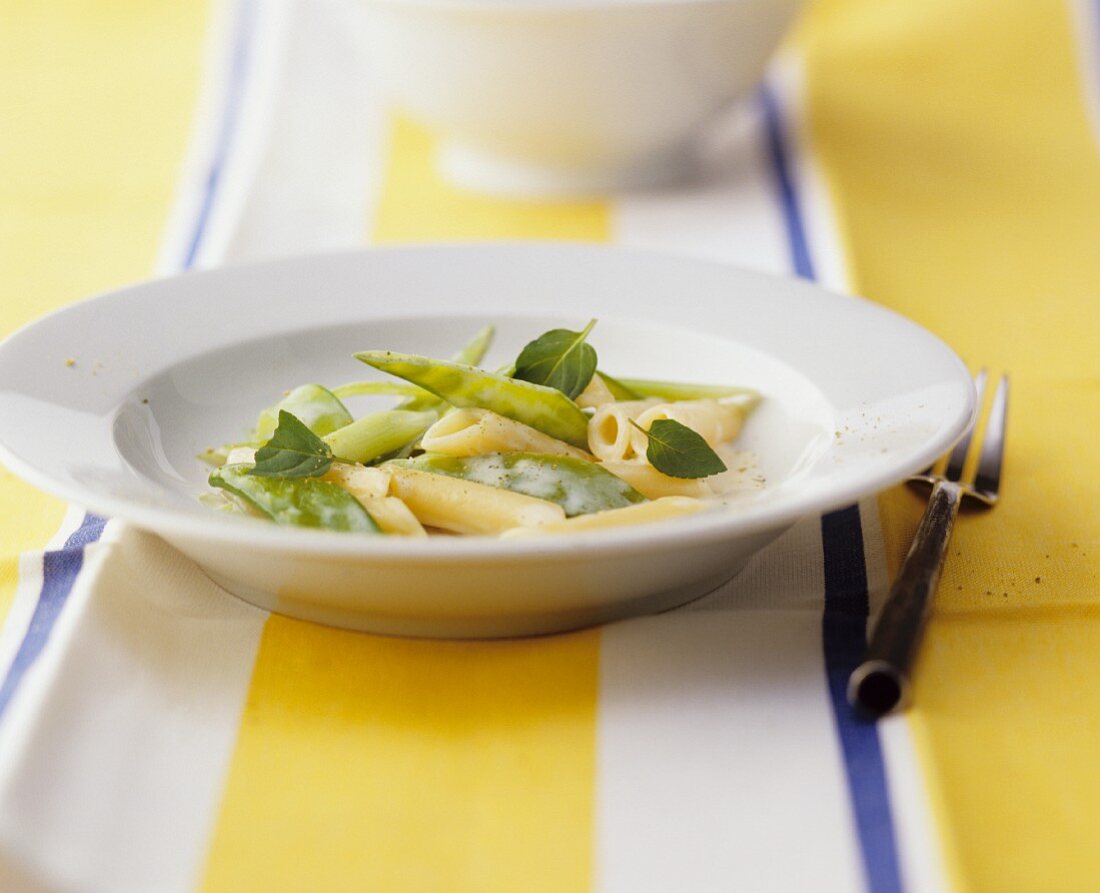 Penne with sugar snap peas
