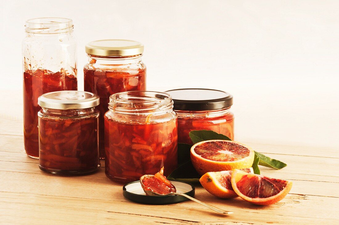 Several jars of blood orange & Campari marmalade
