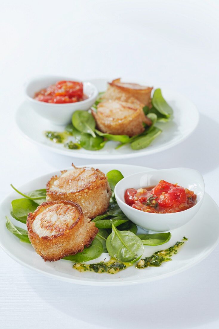 Scallops wrapped in bread, on baby spinach with tomato ragout