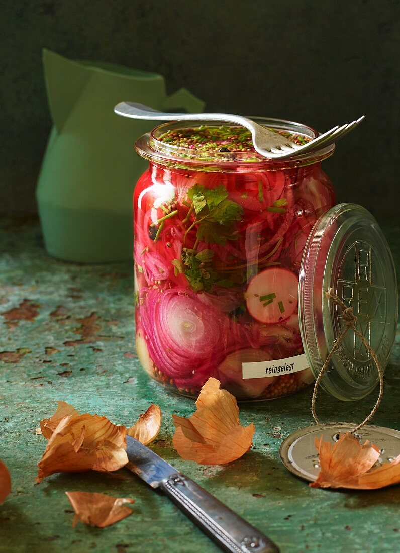 Onions and shallots with radishes in vinegar with honey and spices
