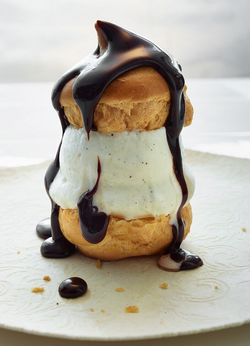 Profiteroles with vanilla sorbet and chocolate sauce