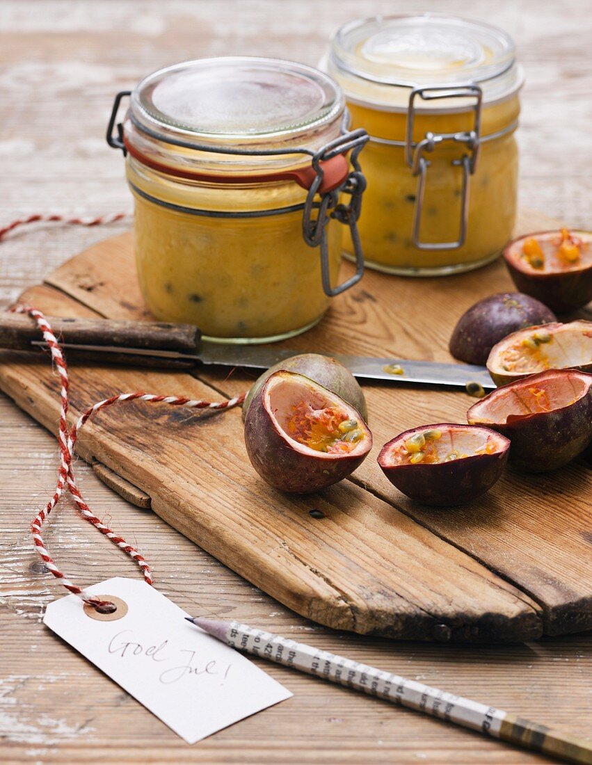 Passion fruit jam in jars