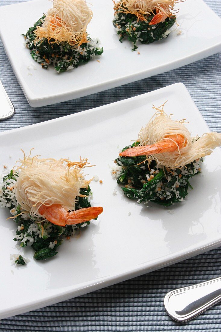 Roulade of shrimps in kataifi pastry and spinach with coconut, Italy
