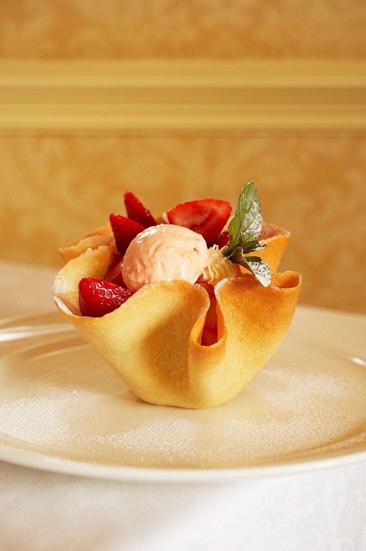 Rosewater ice cream with strawberries