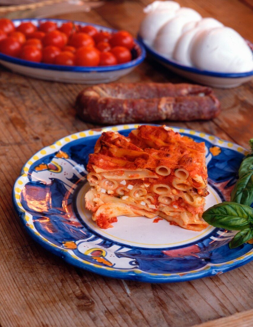 Baked pasta with mozzarella di bufala, Italy