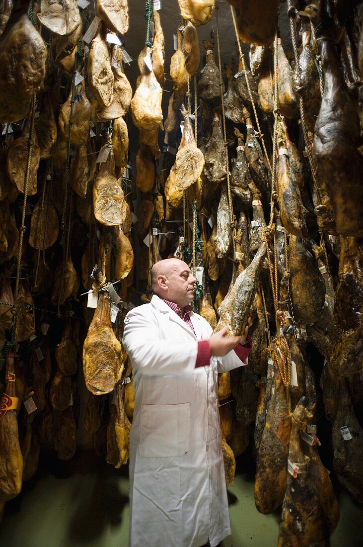 Carlos Bautista, owner, typical seasoned ham producer, Jamones Casa Bautista, Montànchez, Extremadura, Spain, Europe