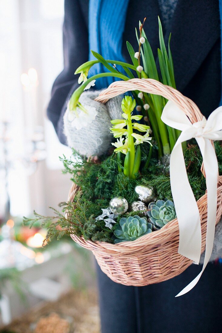 Person hält weihnachtlich bepflanztes Körbchen