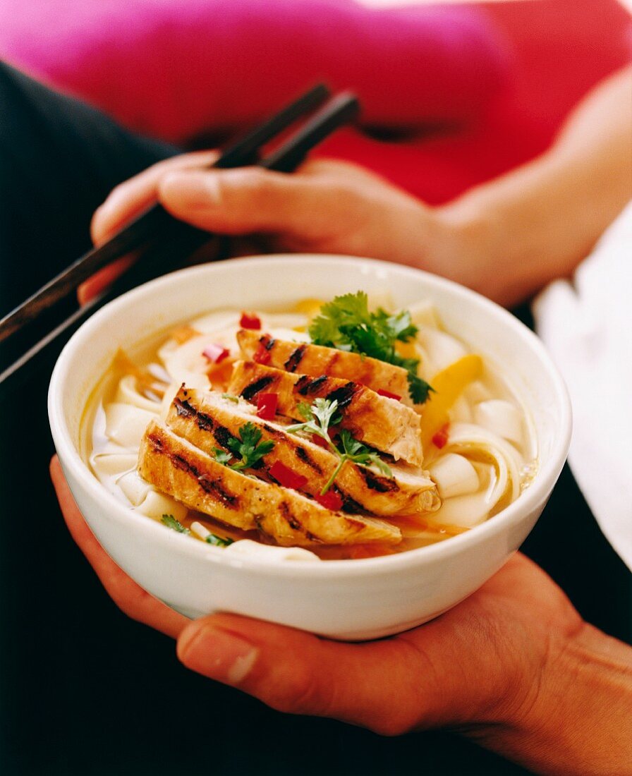 Soup with noodles and grilled chicken (Asia)