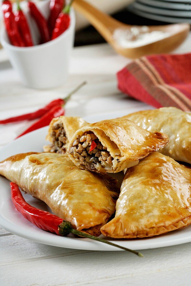 Empanadillas with minced meat, mushrooms and chillies (Spain)