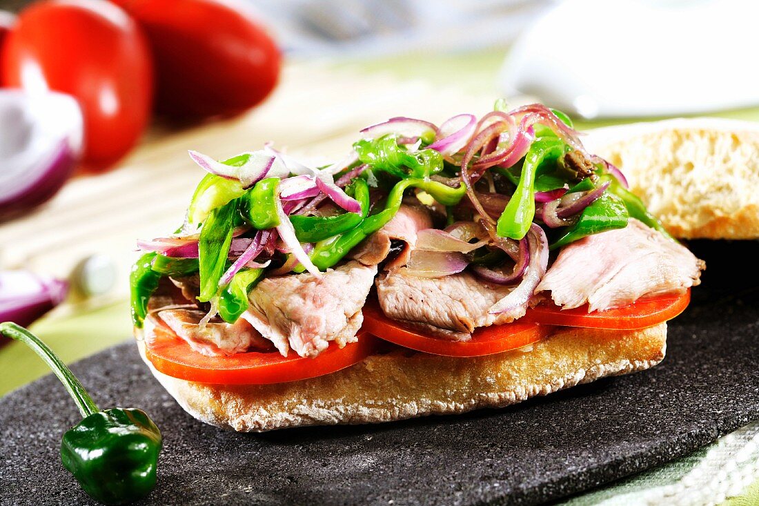Toast topped with pork, tomatoes, peppers and onions