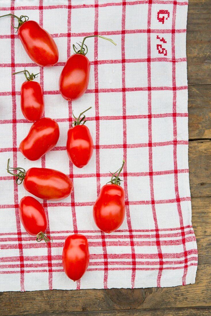 Plum tomatoes on a red & white cloth