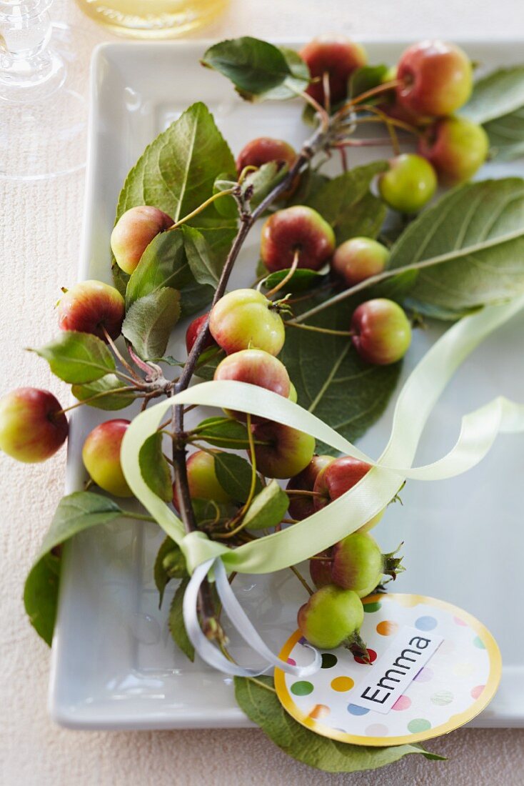 Ornamental apples with a name tag and a bow on a plate as table decoration
