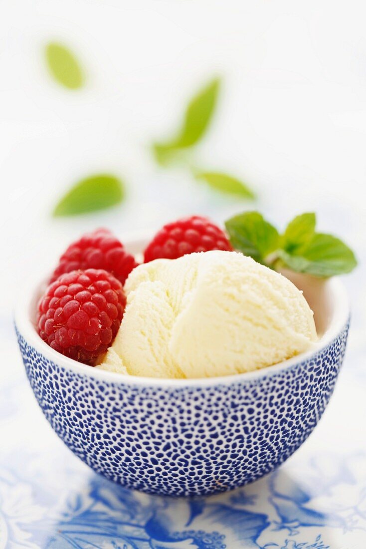 Vanilla ice cream with raspberries and mint