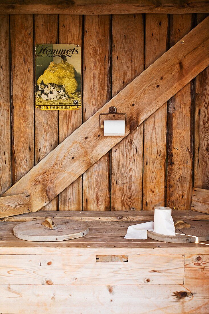 Wooden, two-seater outhouse toilet