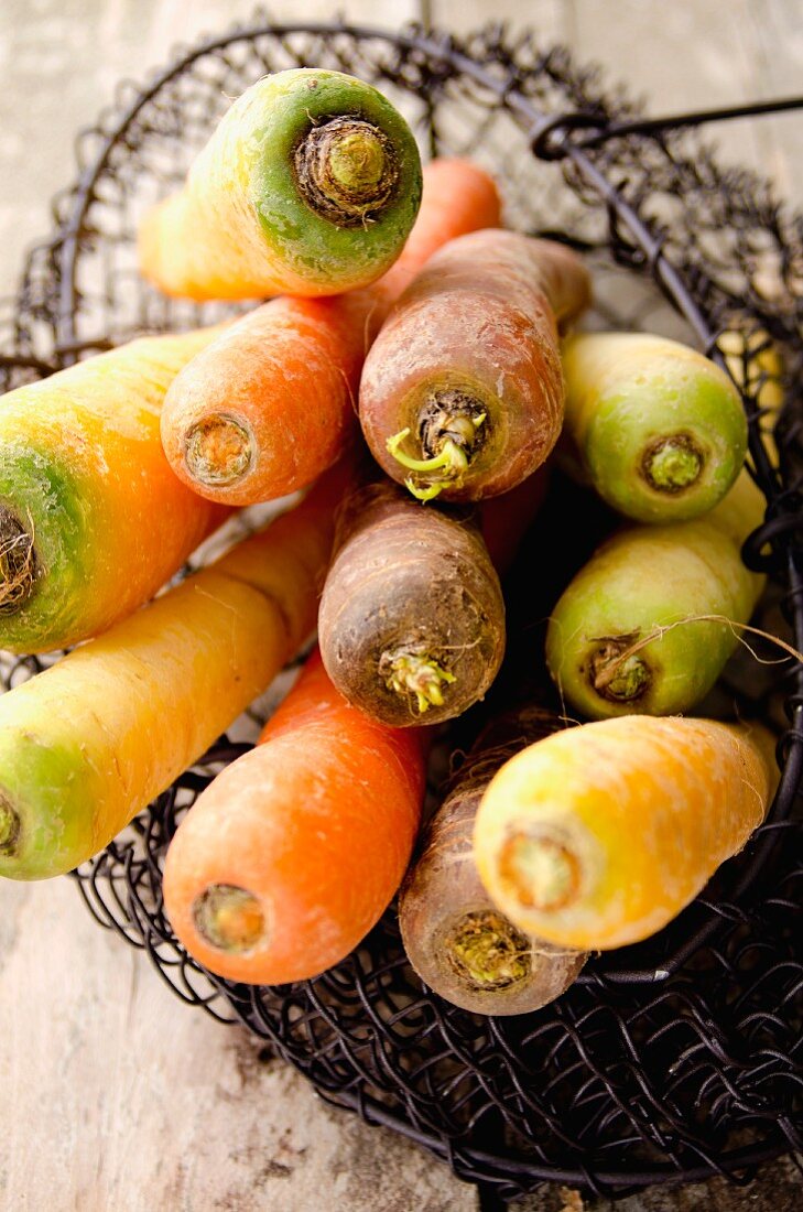 Carrots of assorted colours in a wire basket