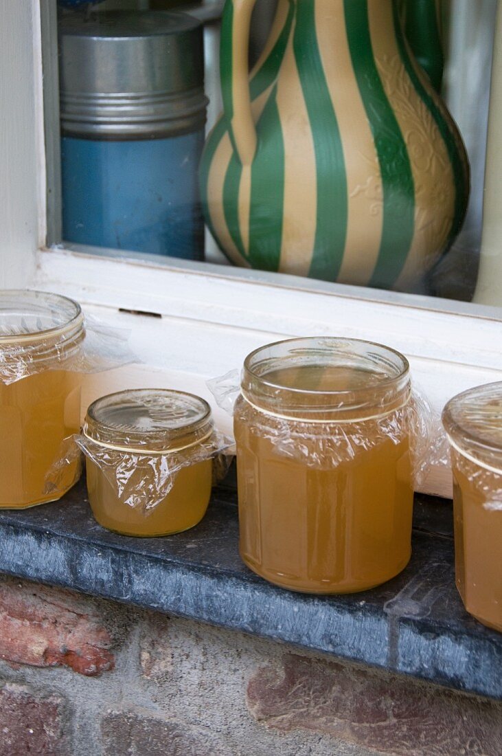 Jars of elderflower jelly on a windowsill
