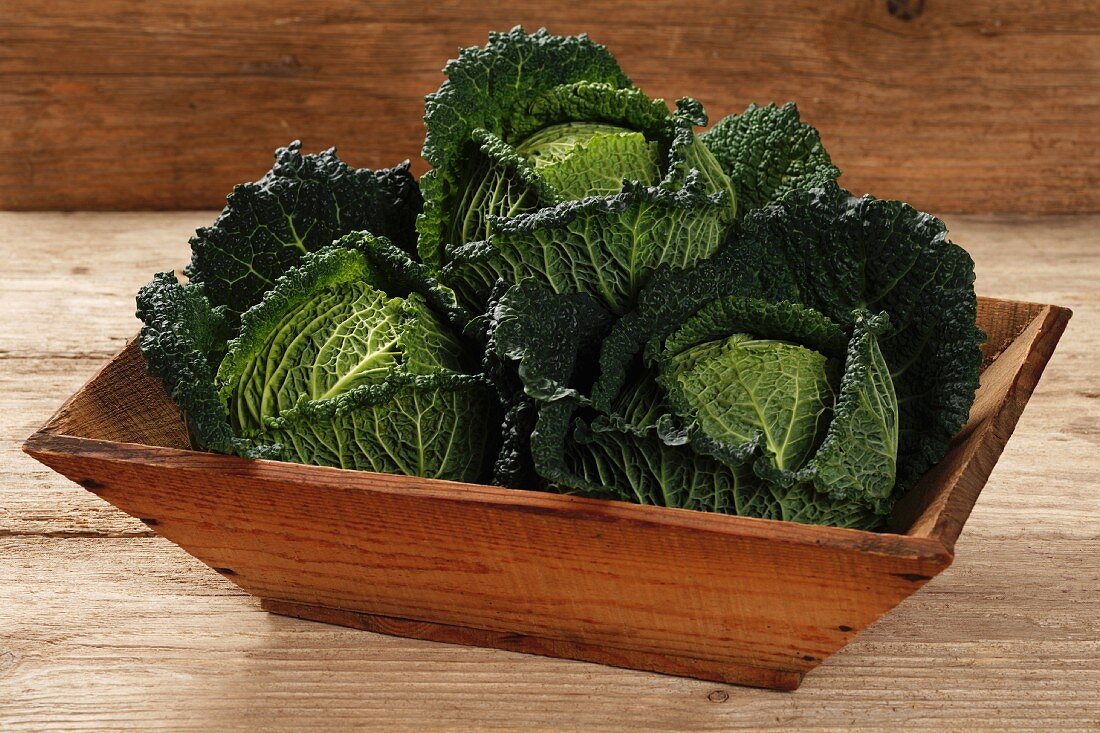 Savoy cabbage in a wooden bowl