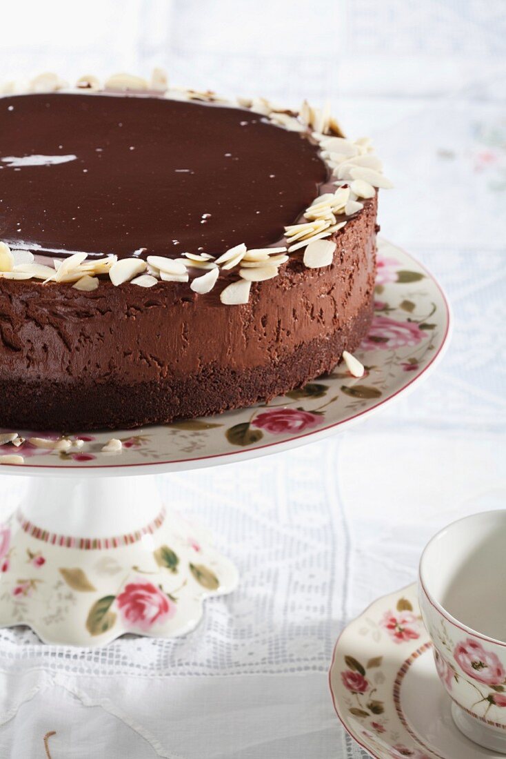 Chocolate cake on cake stand