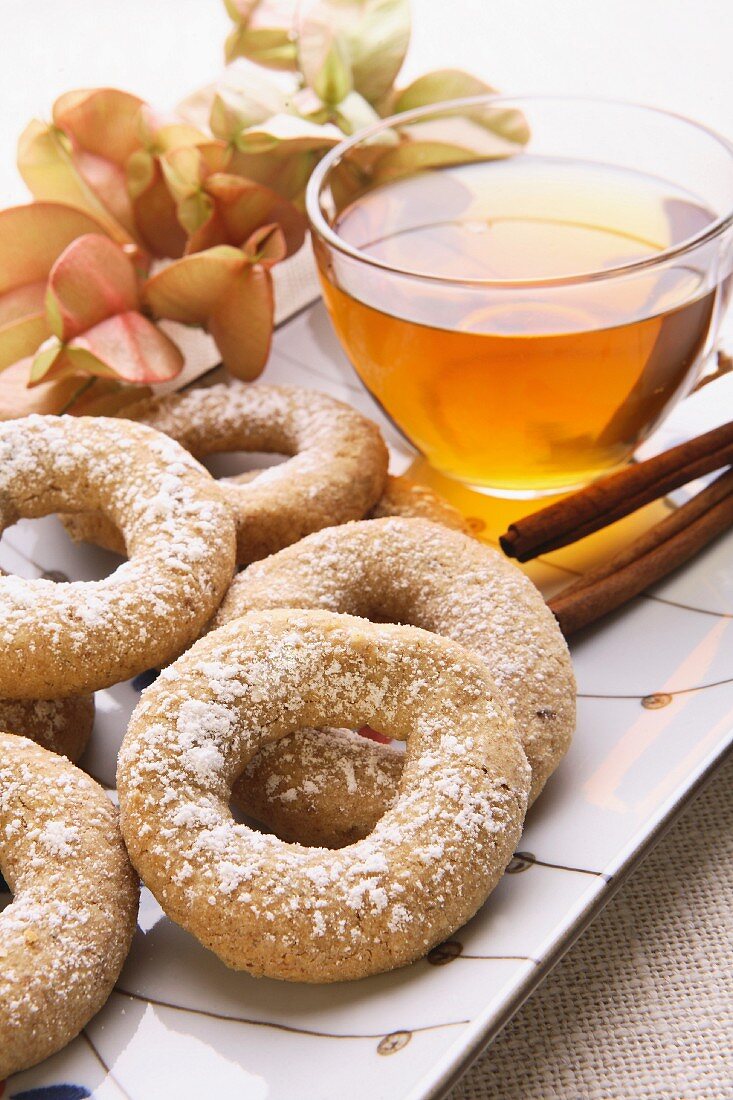 Cinnamon rings with a cup of tea