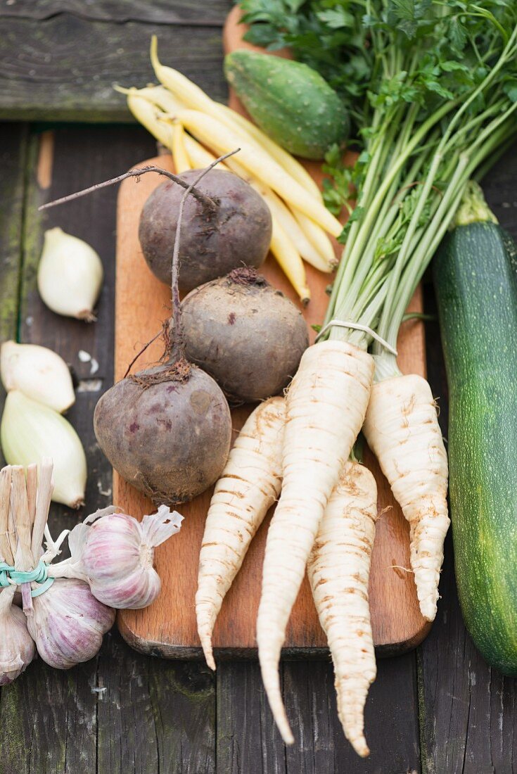 Frisches Gemüse aus dem Garten (Knoblauch, Rote Bete, Petersilienwurzeln, Zucchini und Zwiebeln)