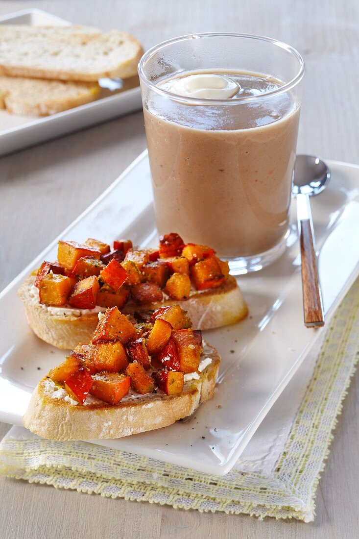 Hokkaido squash bruschette with creamy chestnut soup