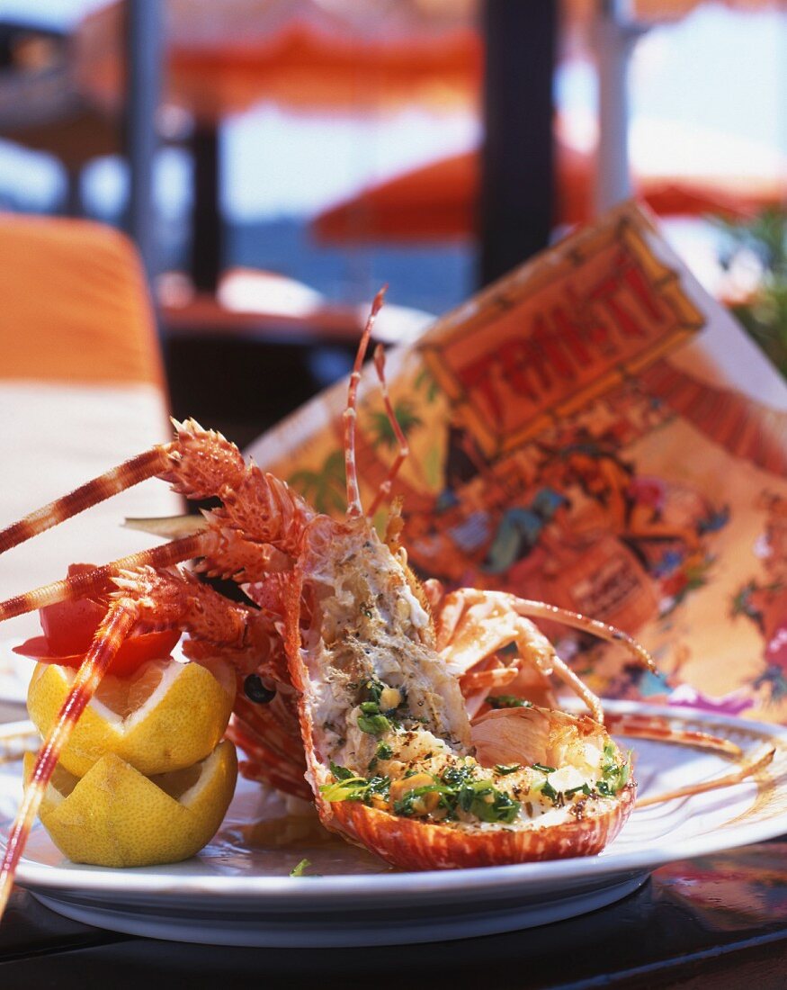 Lobster with lemon in a beach-front restaurant