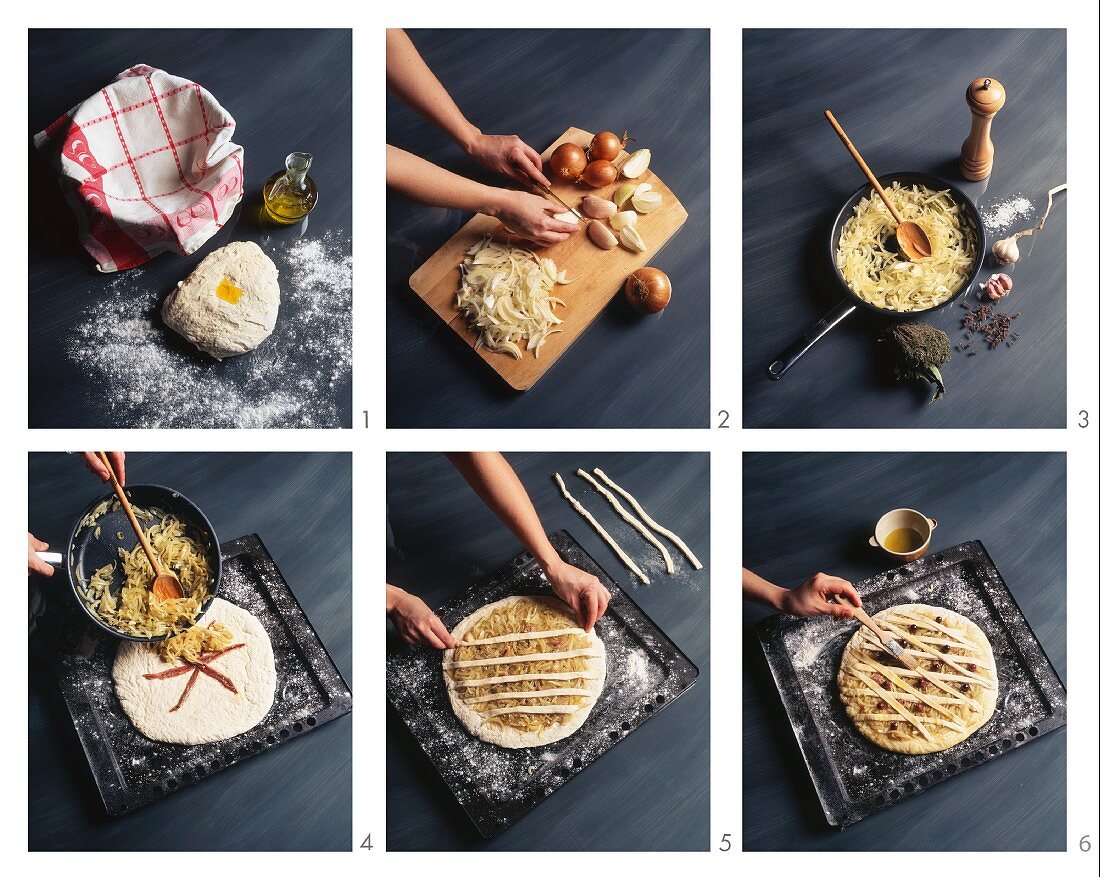 Making pissaladière: top with strips of dough