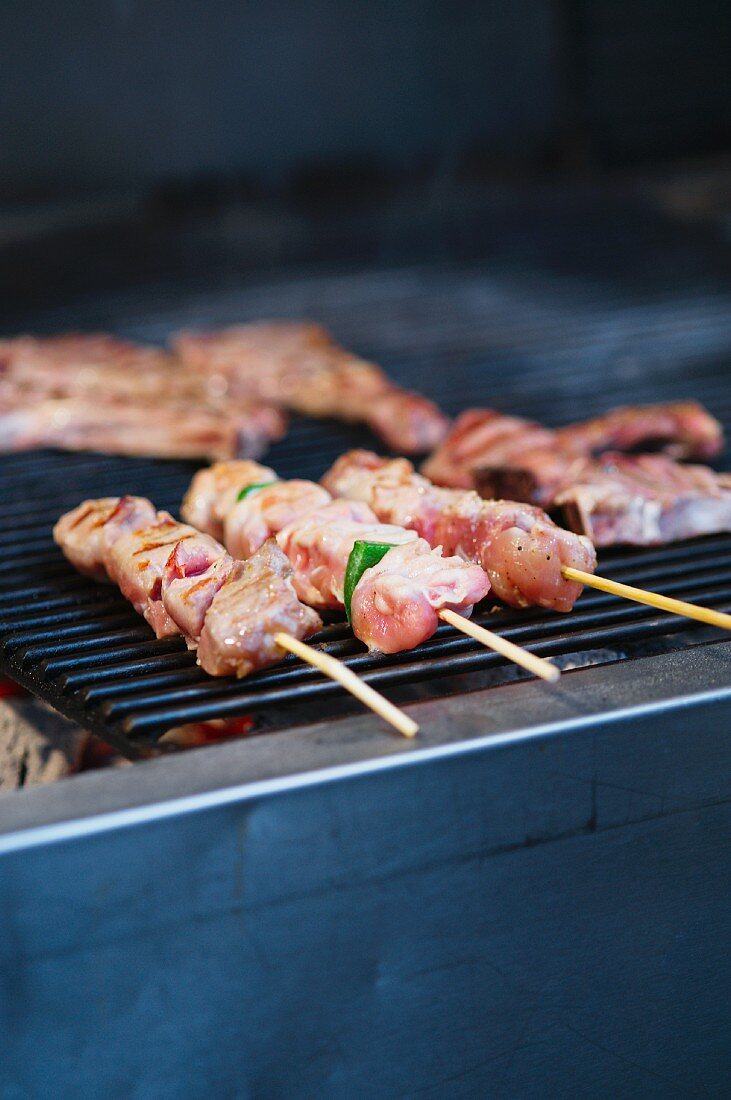 Raw pork skewers on the barbecue