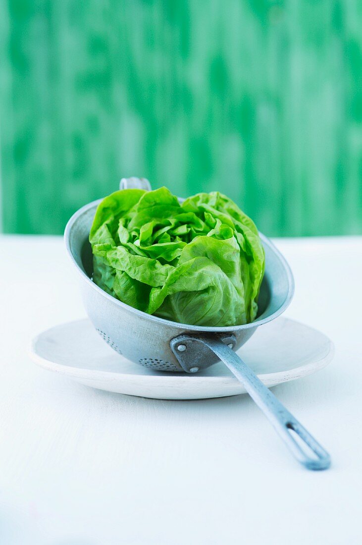 A round lettuce in a colander