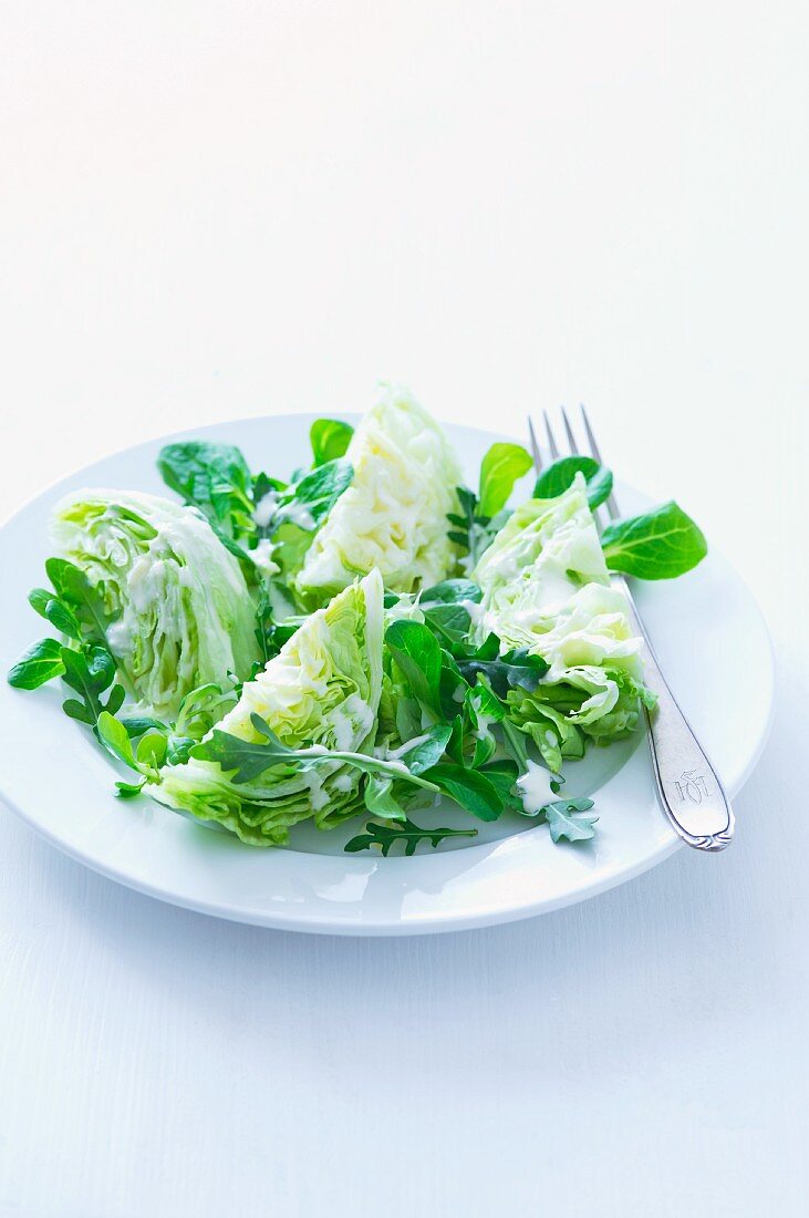 Salad leaves with yoghurt dressing