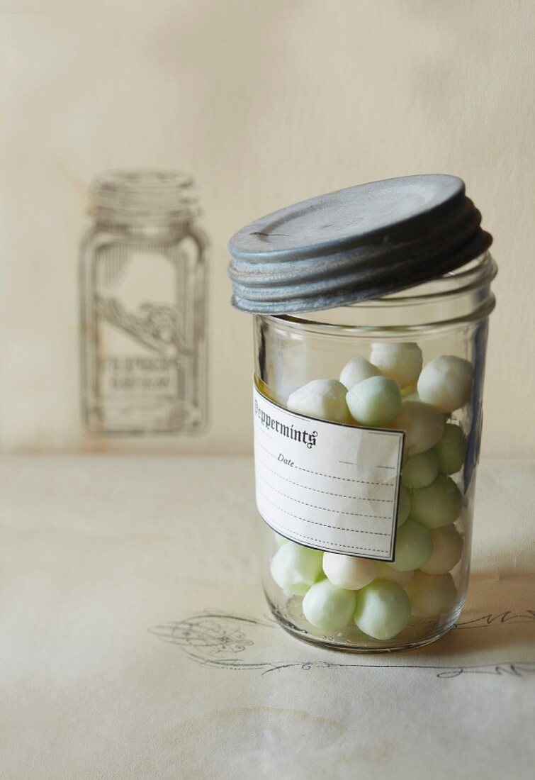 A jar of old-fashioned peppermint bonbons