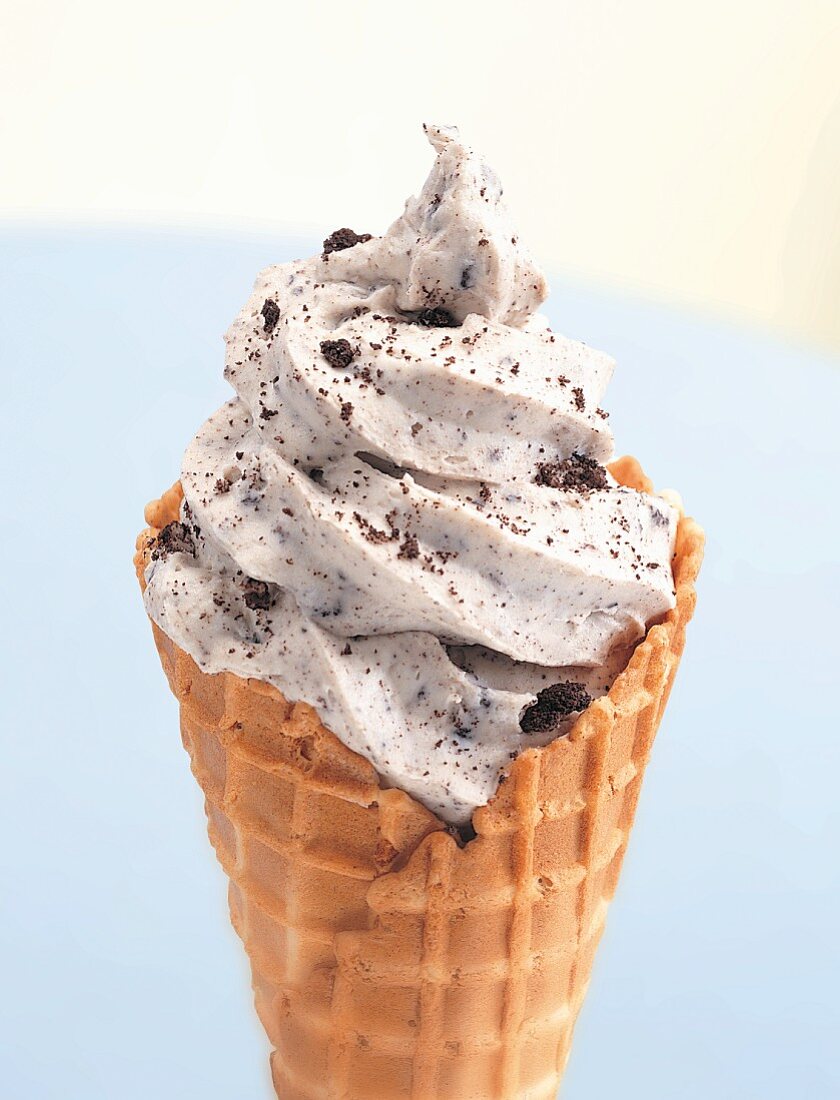 Cookies and Cream Soft Serve Ice Cream in a waffle cone