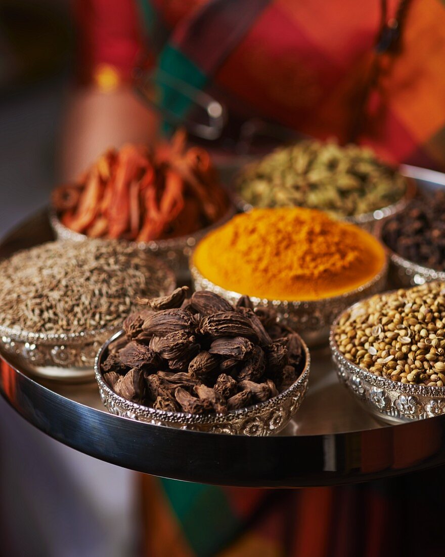 A woman holding a tray of assorted spices from India