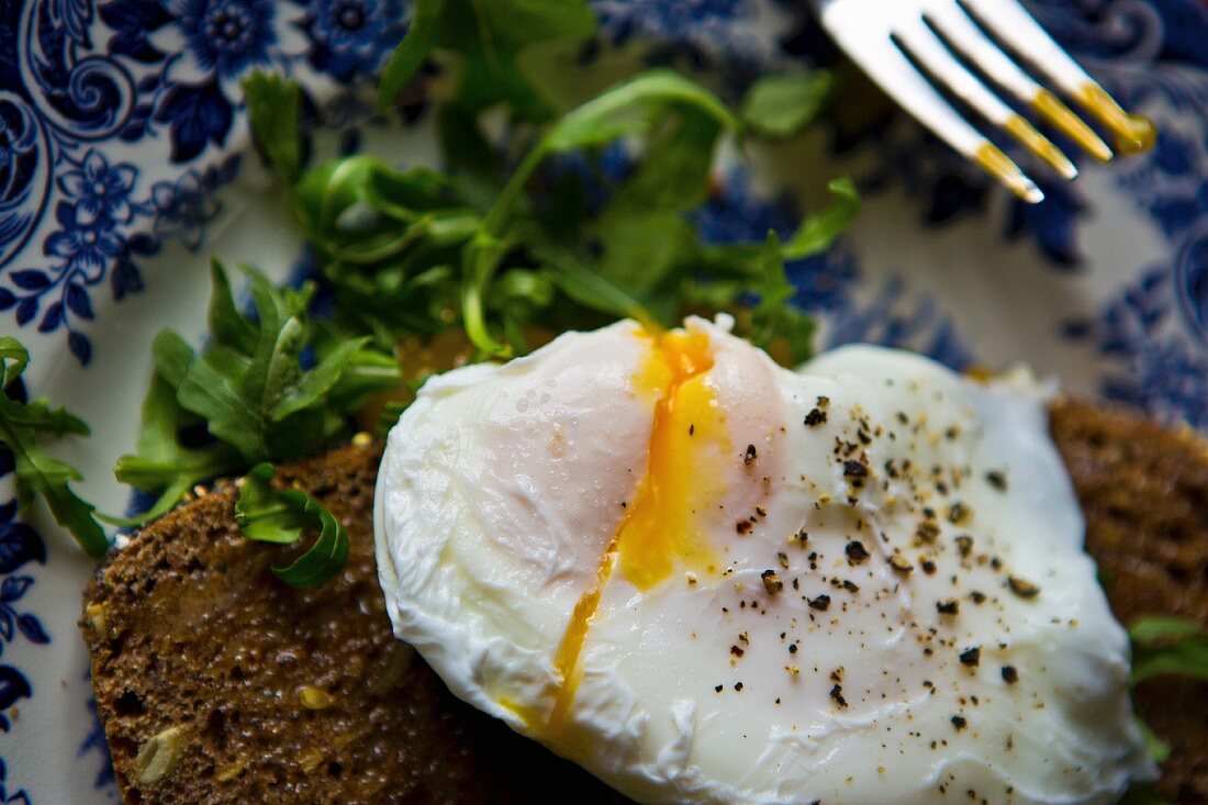Poached egg on rye toast with rocket and salt and pepper
