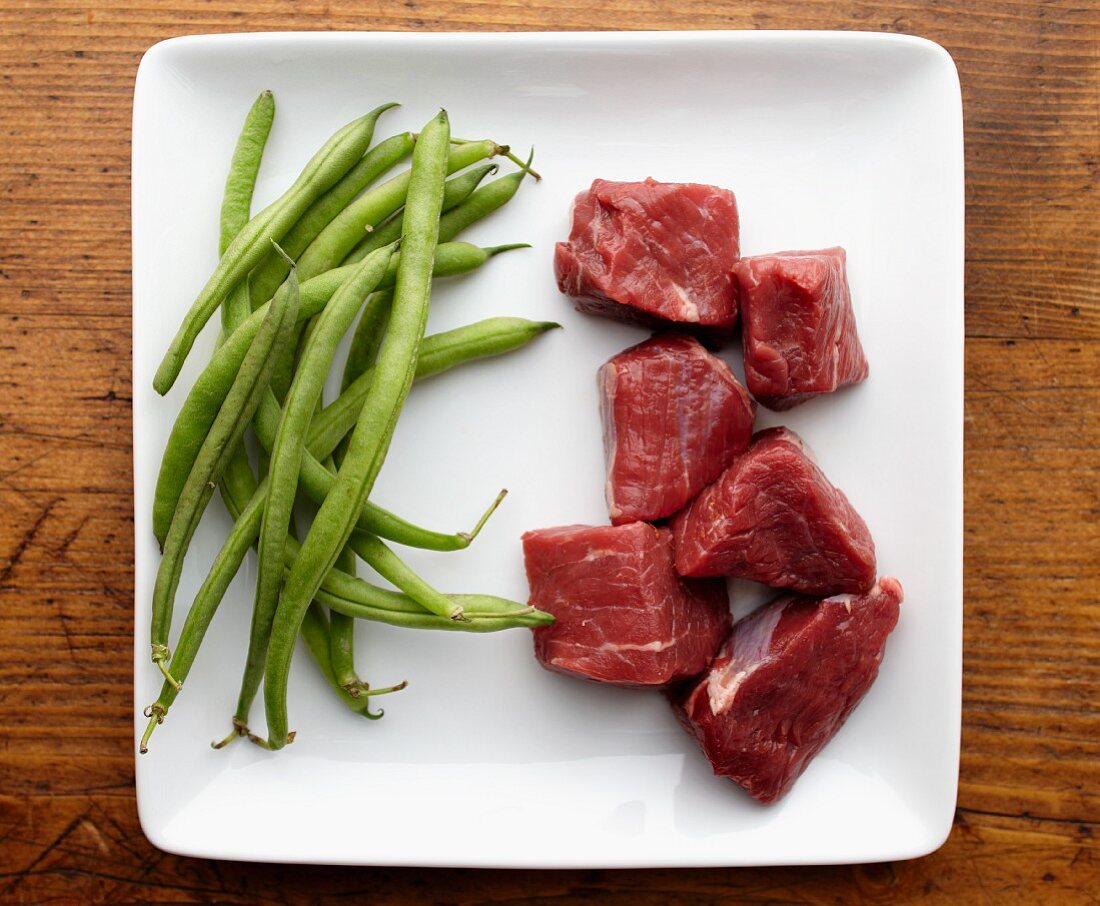 Raw Chunks of Beef and String Beans on a White Plate from Overhead