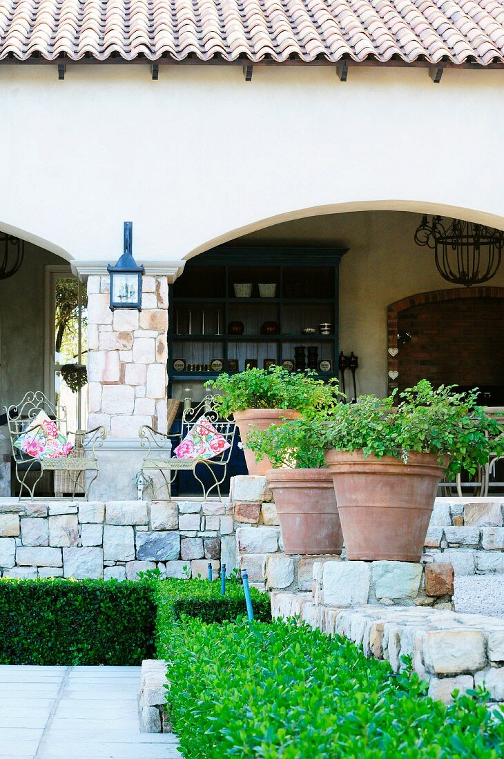 View from planted courtyard to masonry, country-house terrace and open kitchen area