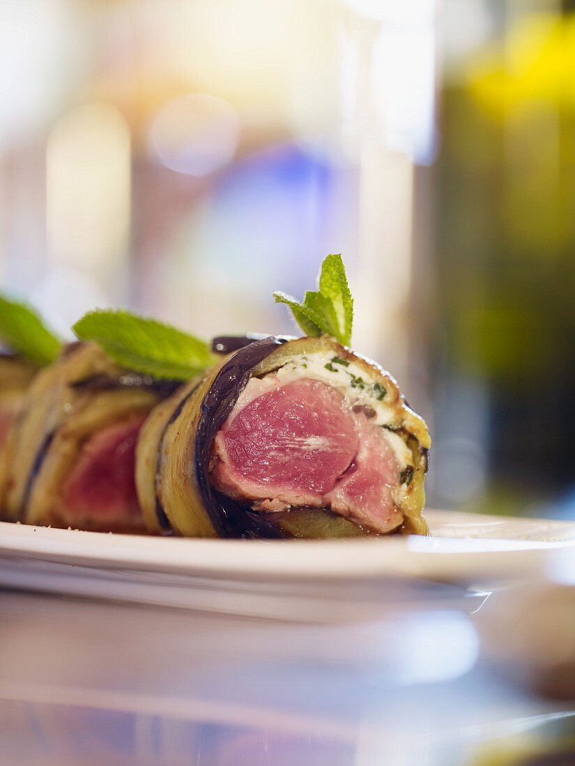 Lamb and mint wrapped in aubergine