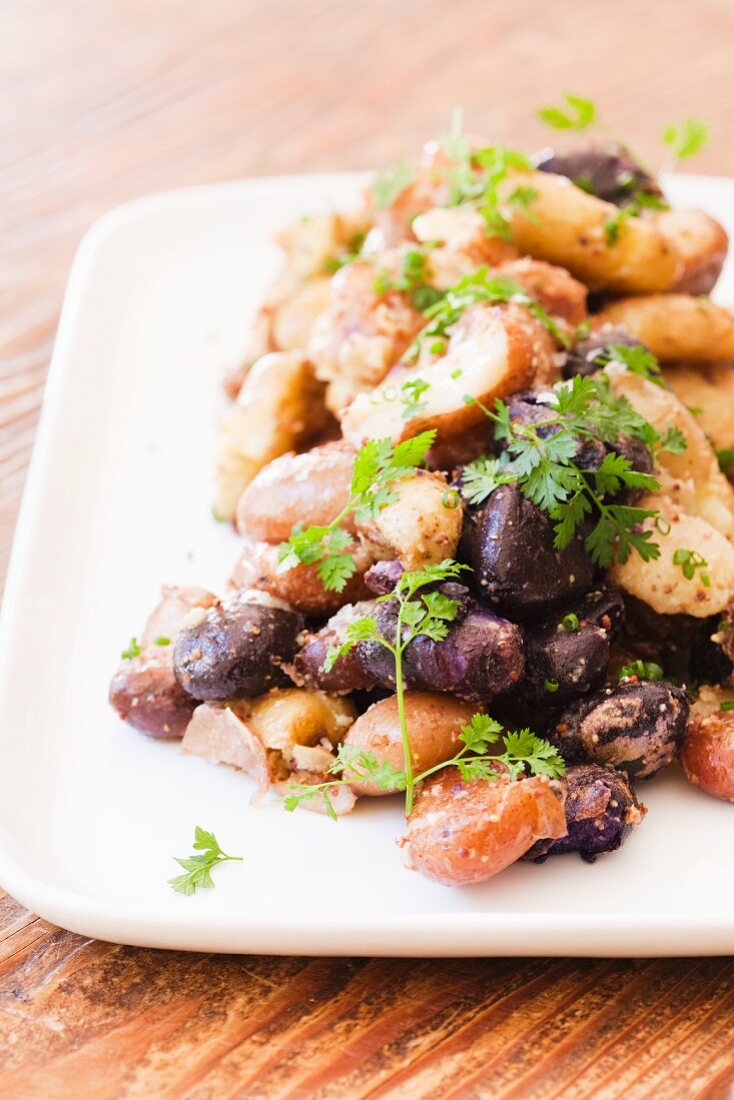 Mixed Purple and Yellow Baby New Potatoes with a Mustard Dressing